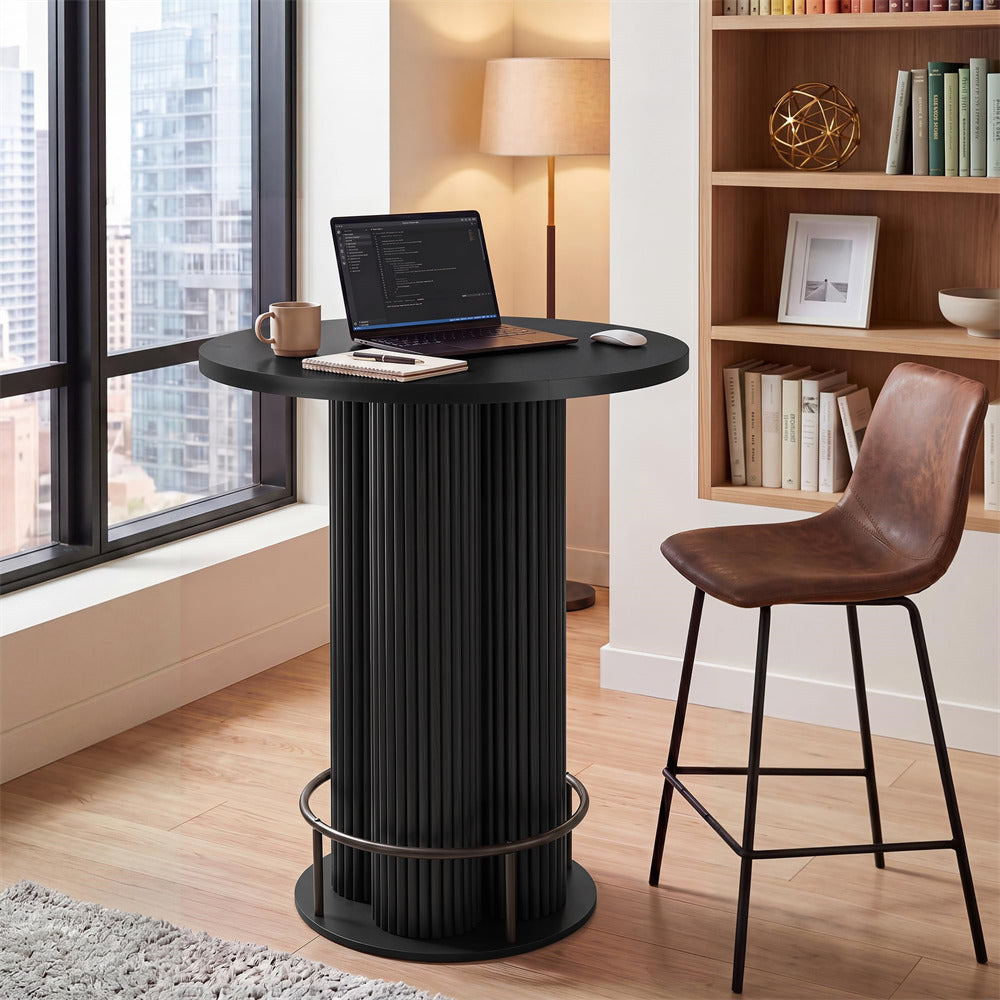 Black 39.37" H Wood Fluted Round Bar Table with Base & Metal Ring Footrest