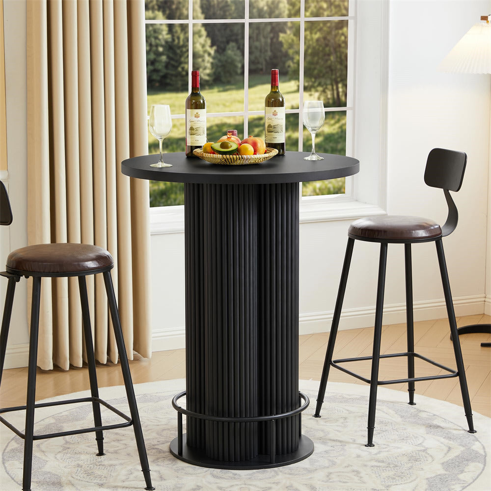 Black 39.37" H Wood Fluted Round Bar Table with Base & Metal Ring Footrest