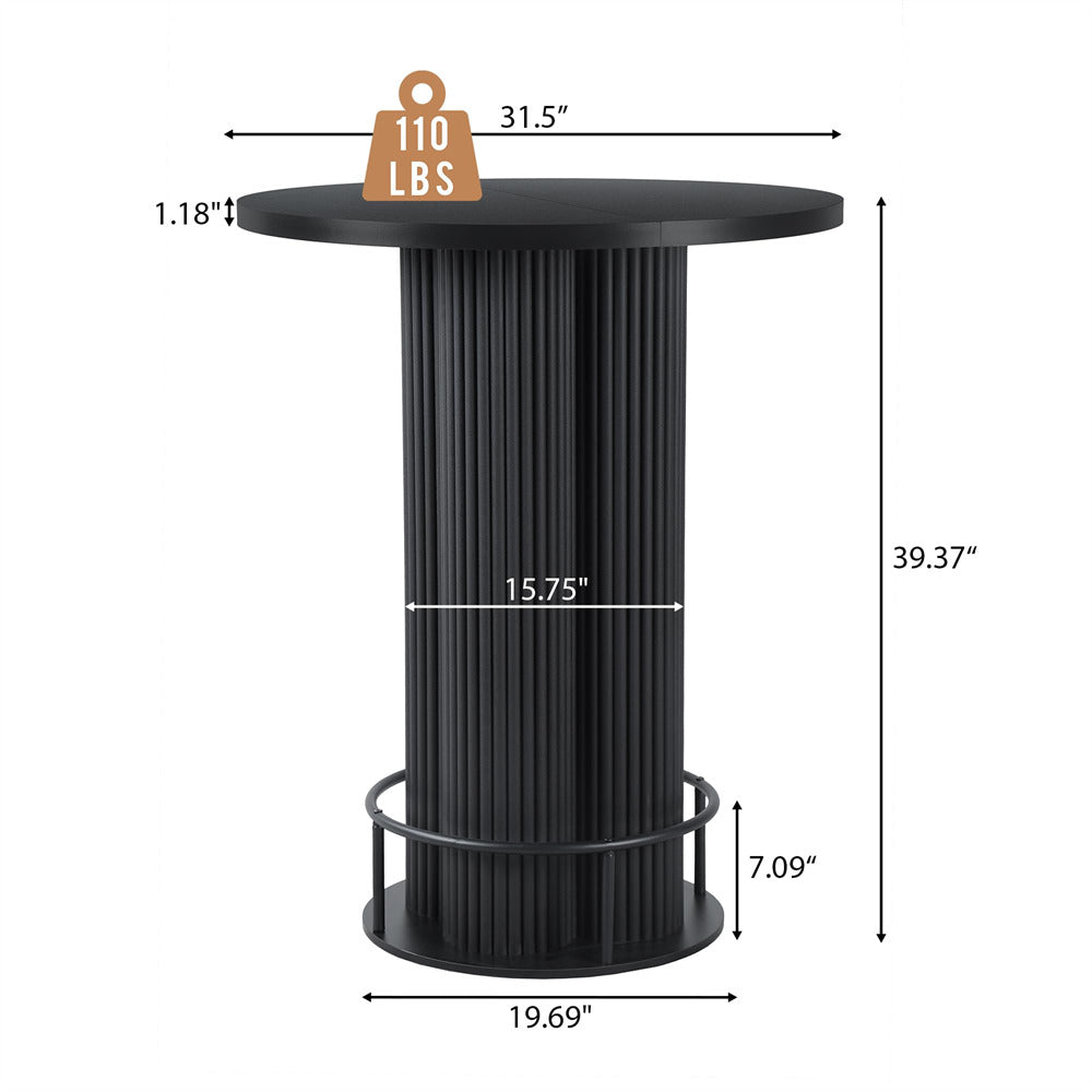 Black 39.37" H Wood Fluted Round Bar Table with Base & Metal Ring Footrest
