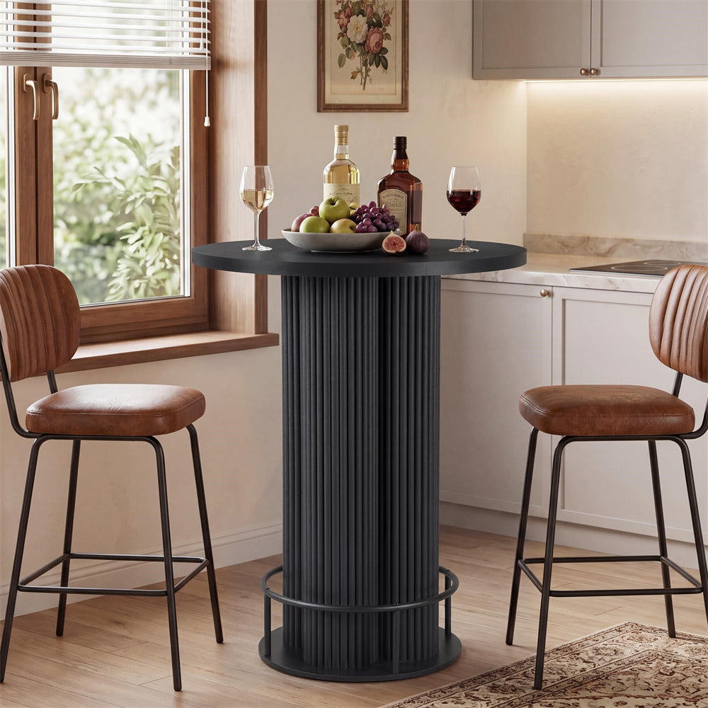 Black 39.37" H Wood Fluted Round Bar Table with Base & Metal Ring Footrest