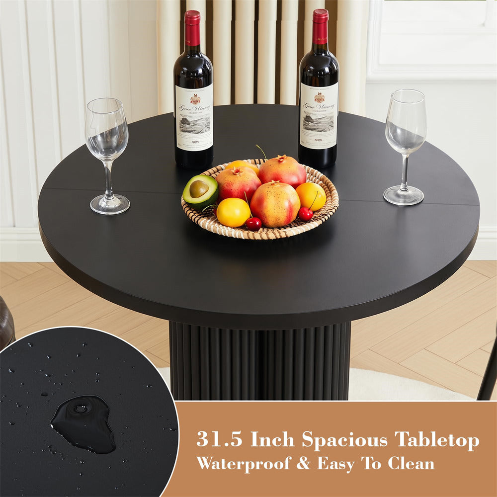 Black 39.37" H Wood Fluted Round Bar Table with Base & Metal Ring Footrest