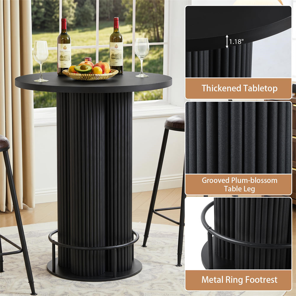 Black 39.37" H Wood Fluted Round Bar Table with Base & Metal Ring Footrest