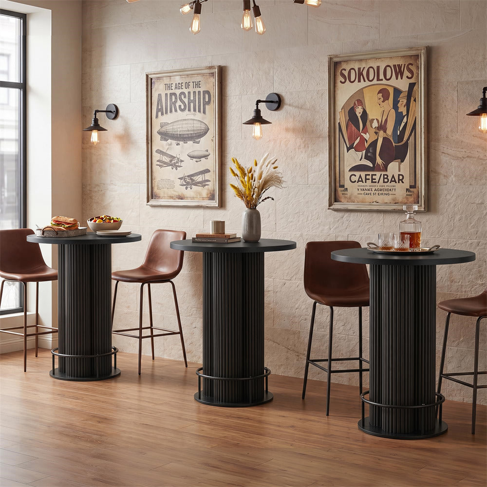 Black 39.37" H Wood Fluted Round Bar Table with Base & Metal Ring Footrest