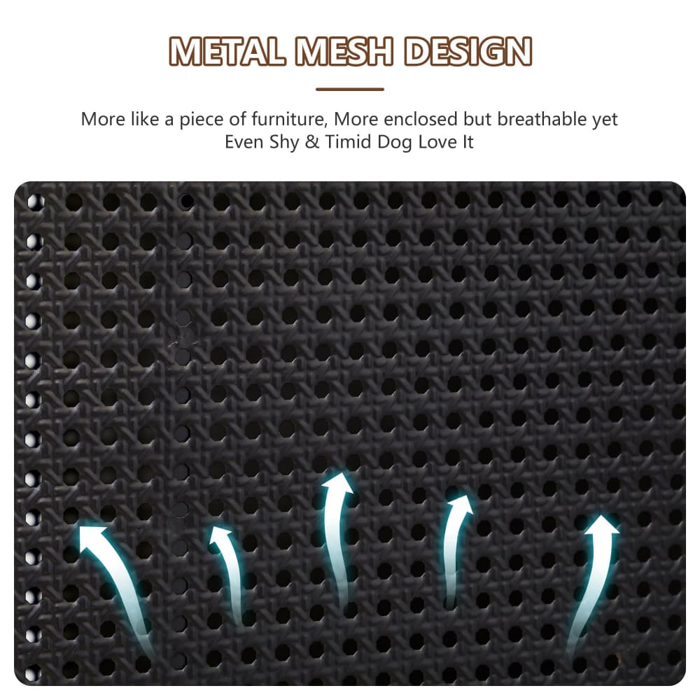 A close-up of a black metal mesh panel with ventilation holes and glowing blue airflow arrows, under the headline 'METAL MESH DESIGN' with descriptive marketing text above.