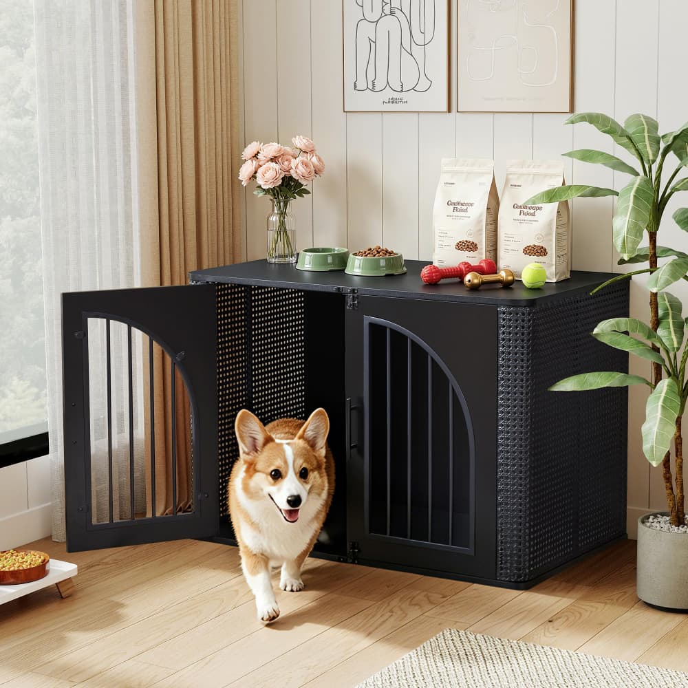 Black 39" Large Dog Crate Furniture Iron Rattan Wooden Heavy Duty Dog Kennel