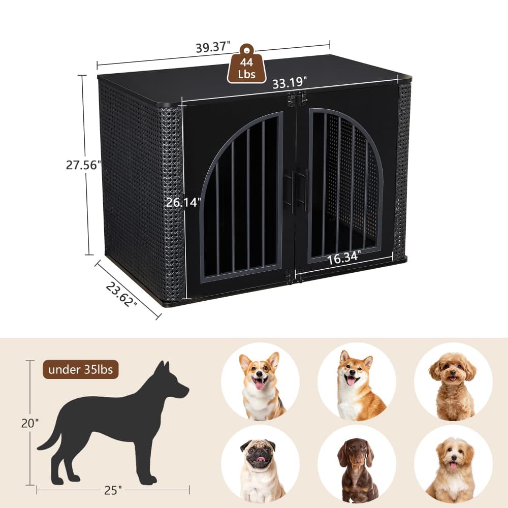 Black outdoor dog crate with arched double doors and measurement labels, plus a silhouette diagram and small dog photos showing suitable size and pet types.