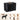 Black outdoor dog crate with arched double doors and measurement labels, plus a silhouette diagram and small dog photos showing suitable size and pet types.
