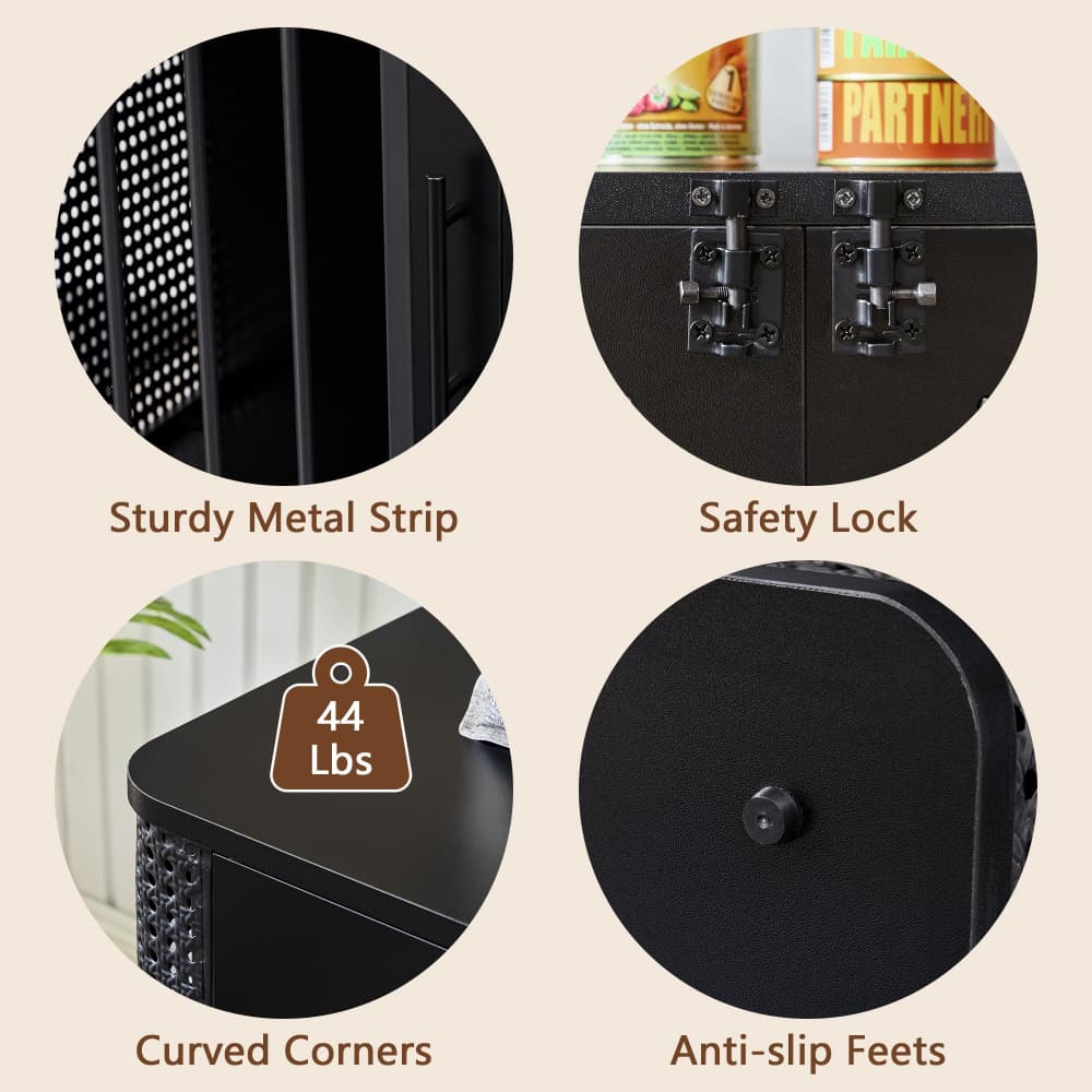 Four circular detail callouts on a beige background showing features of a black metal cabinet: a sturdy metal strip, safety lock, curved corners, and anti-slip feet, with text labels and a small weight badge reading 44 Lbs.
