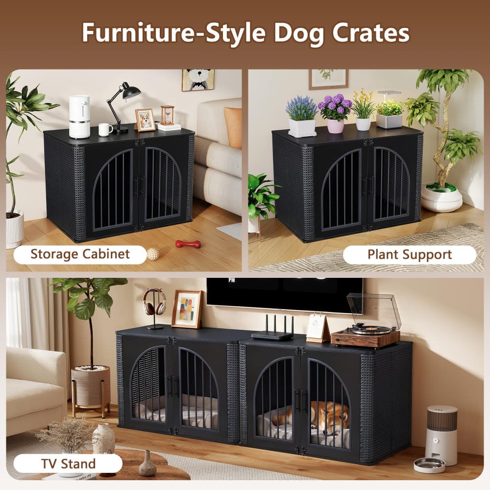 Black 39" Large Dog Crate Furniture Iron Rattan Wooden Heavy Duty Dog Kennel