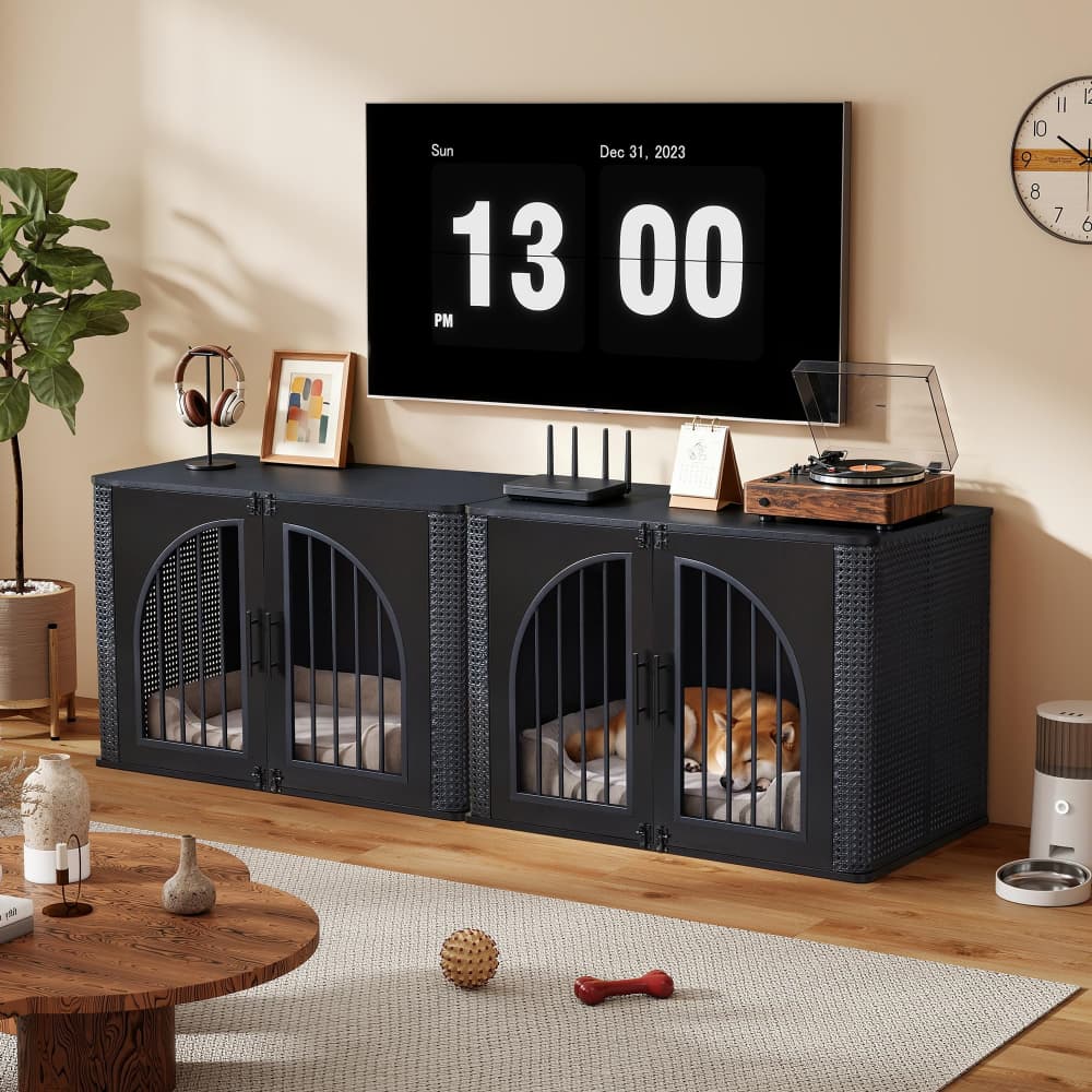 A dark gray pet playpen cabinet with three arched dog crates, shown in a styled living room setting with a dog inside. The cabinet features a textured wicker-like pattern and is placed on a wooden floor next to a coffee table and rug.