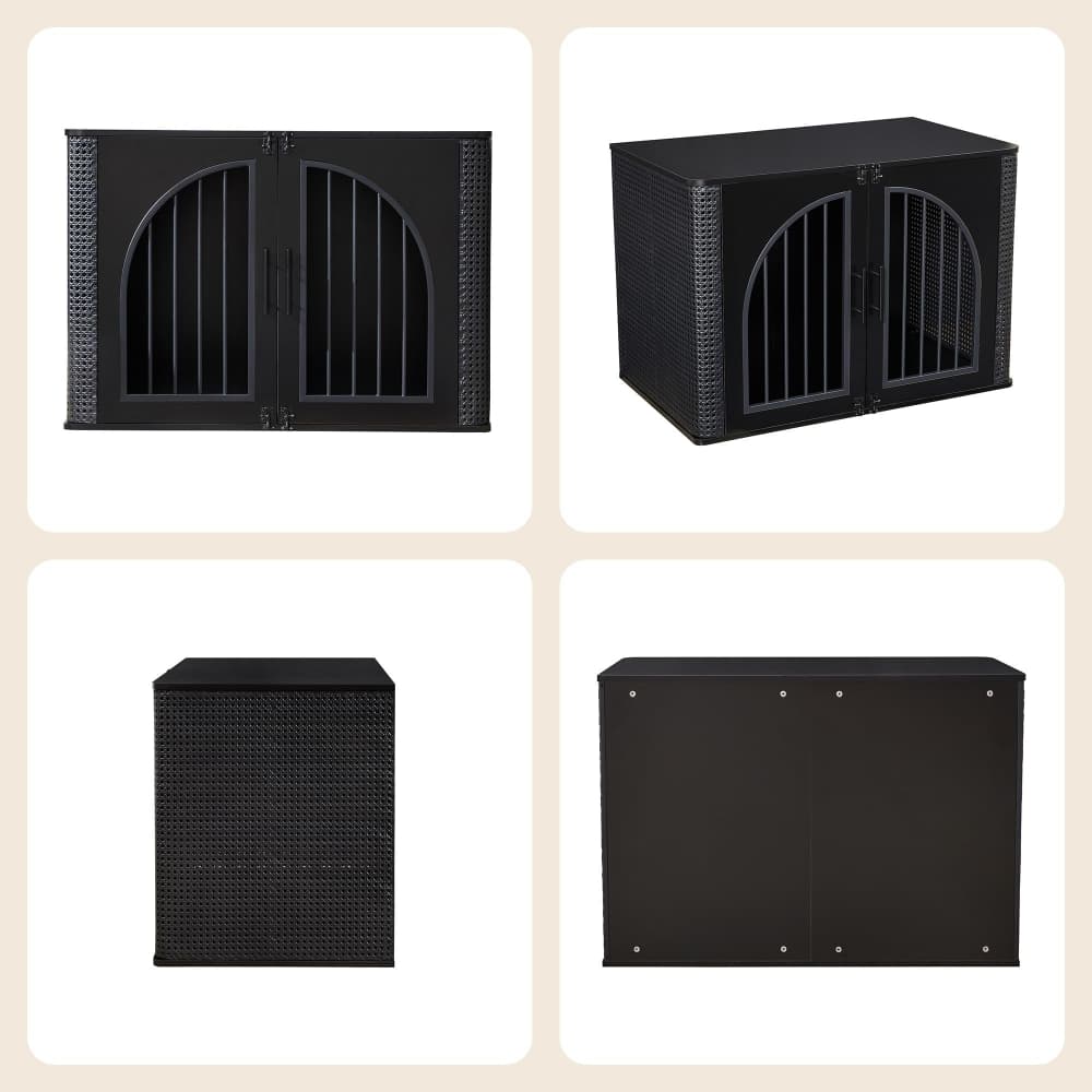 A black pet crate shown from four angles in a 2x2 grid: front view with double arched doors, angled front view, side view showing the woven wall texture, and back view. The background is white with soft beige rounded corners.