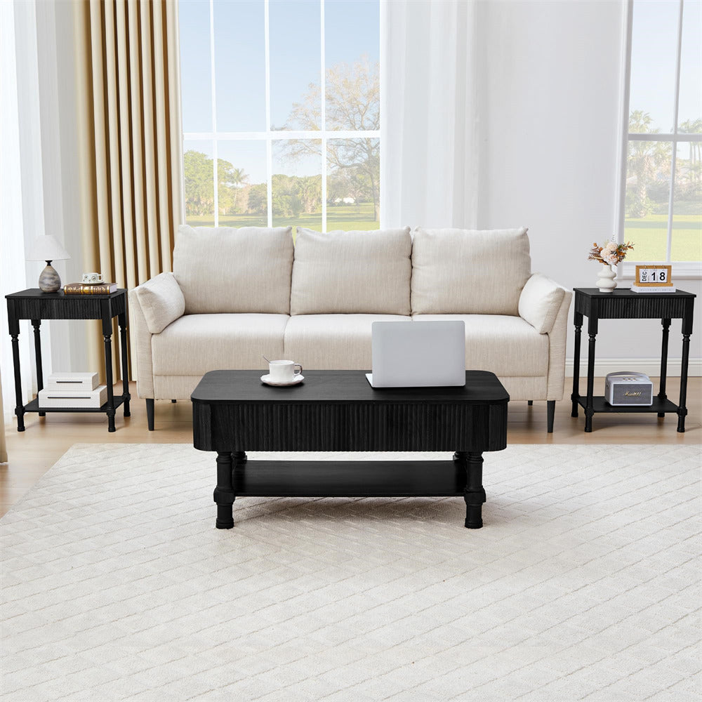 Living room with a beige sofa, black coffee table, and decorative items.