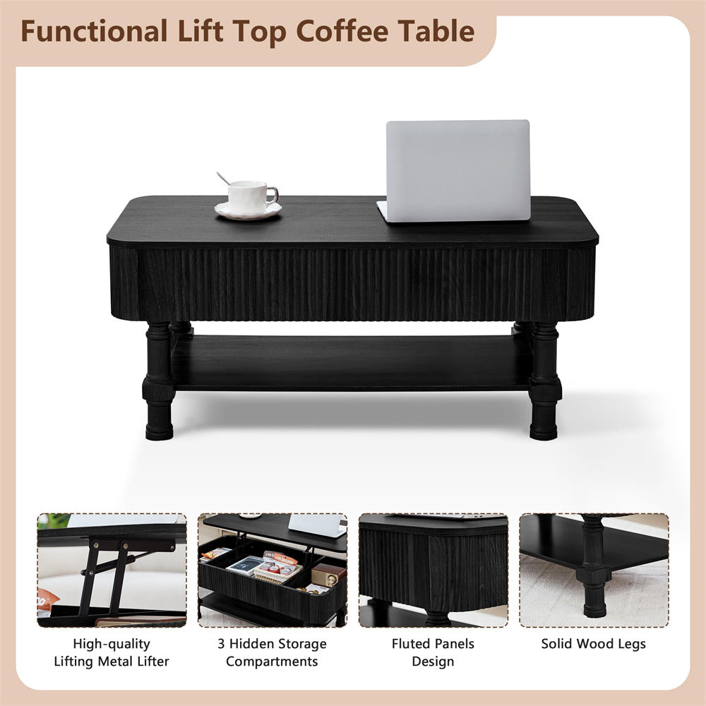 Black coffee table with lift-top feature, laptop, and cup on top, with additional images showing storage compartments.