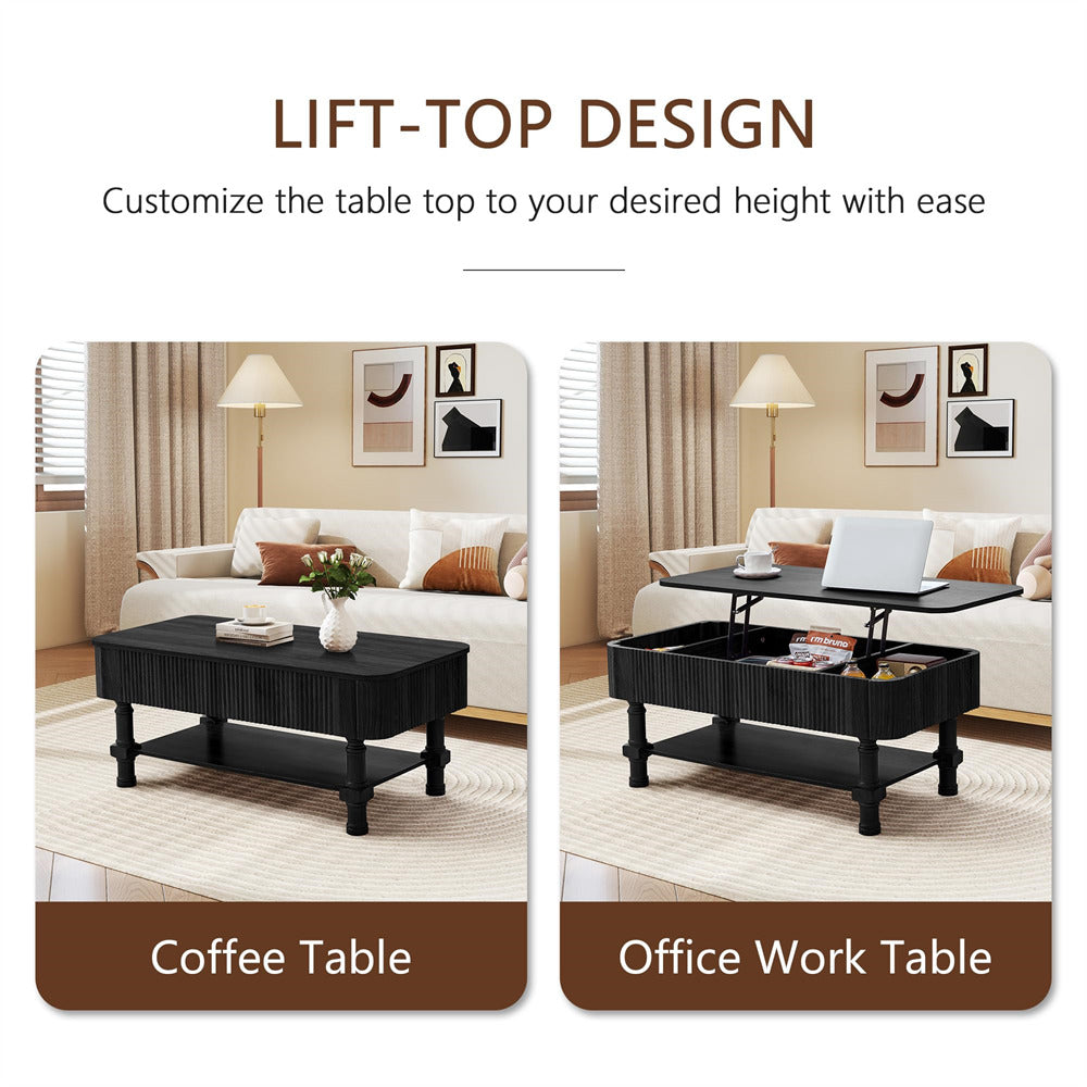 Coffee table and office work table with lift-top design in a living room setting.