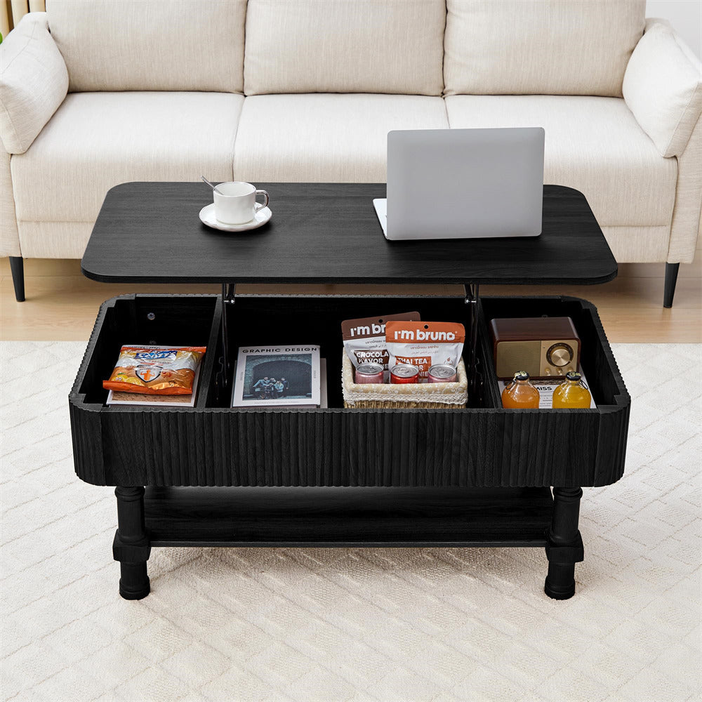 Black coffee table with storage compartments in a living room setting