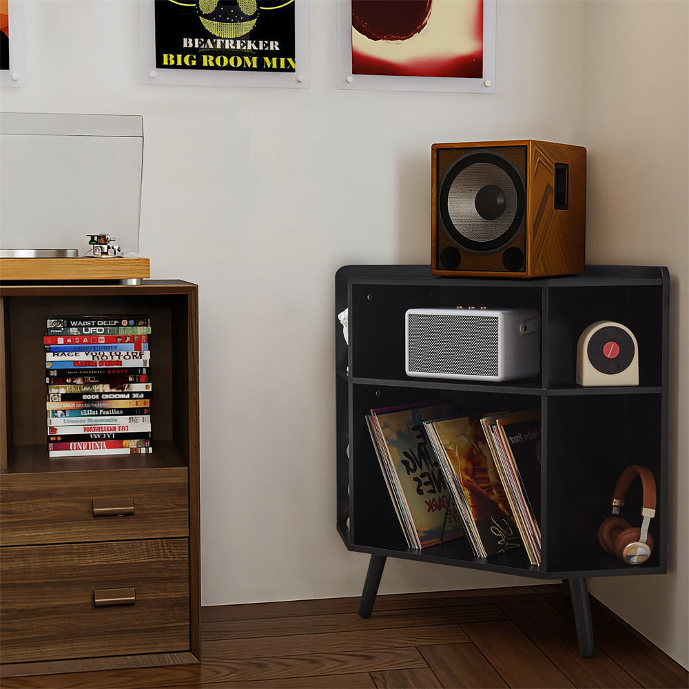 Room interior with a wooden cabinet, black shelf with speakers and records, and framed posters on the wall.