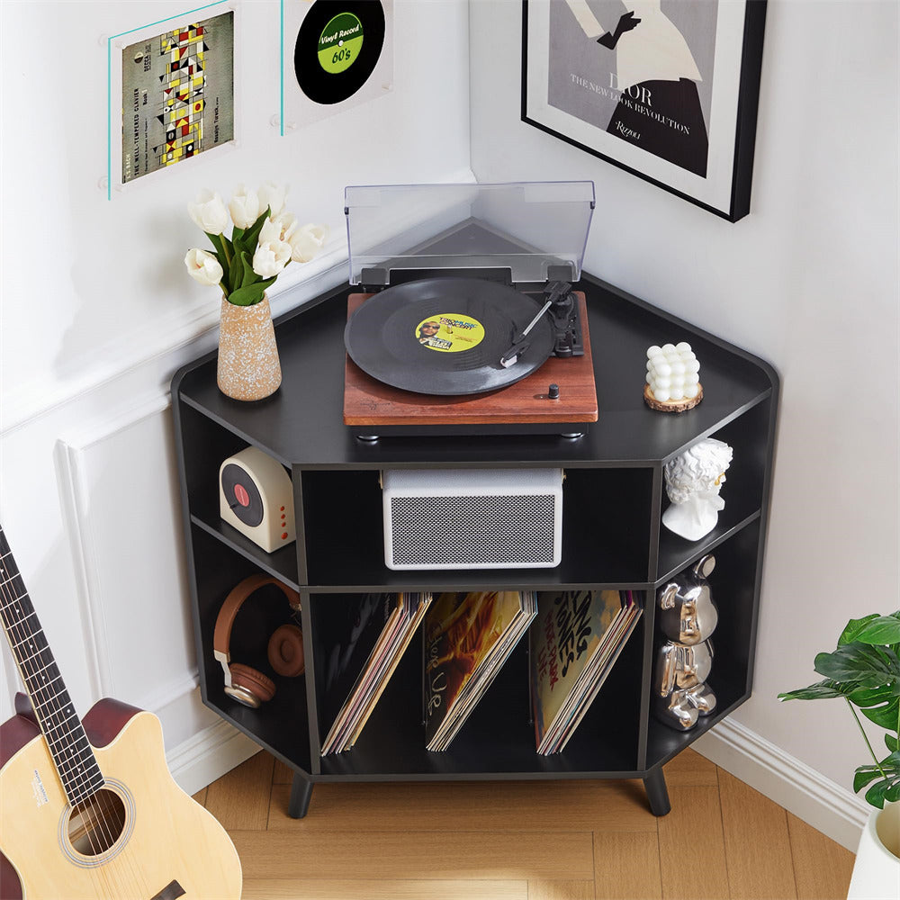 Corner record player console with vinyl records, speakers, and decor in a room setting.