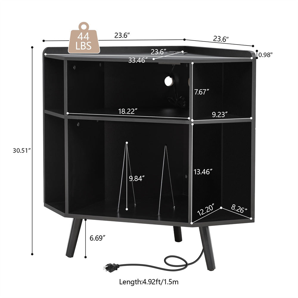 Black 3 Tier Mid Century Modern Corner Vinyl Record Player Stand with Charging Station & USB Ports