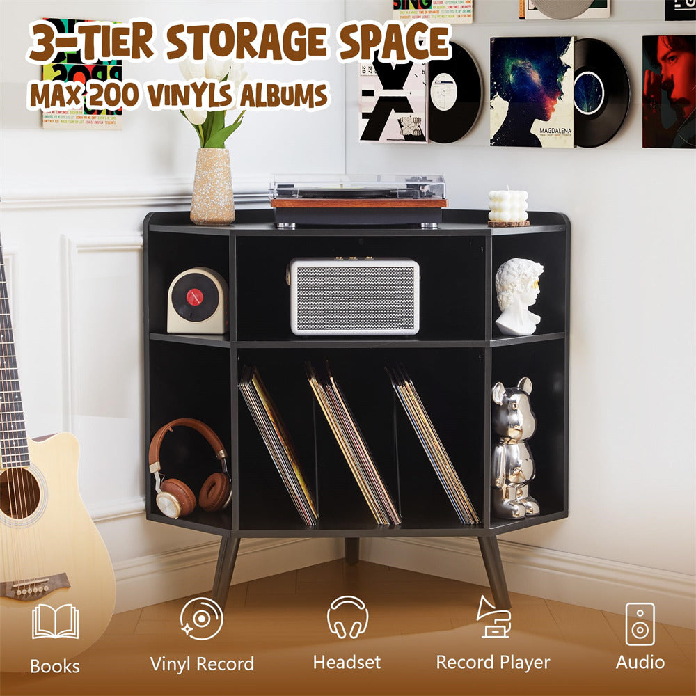 Black 3-tier storage space with vinyl records, books, and a record player in a room setting.
