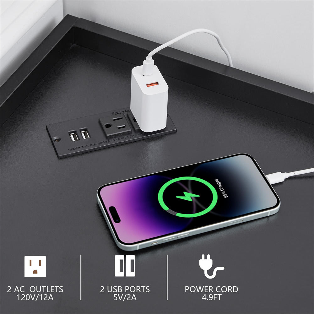 Phone charging on a desk with power adapter and outlets.