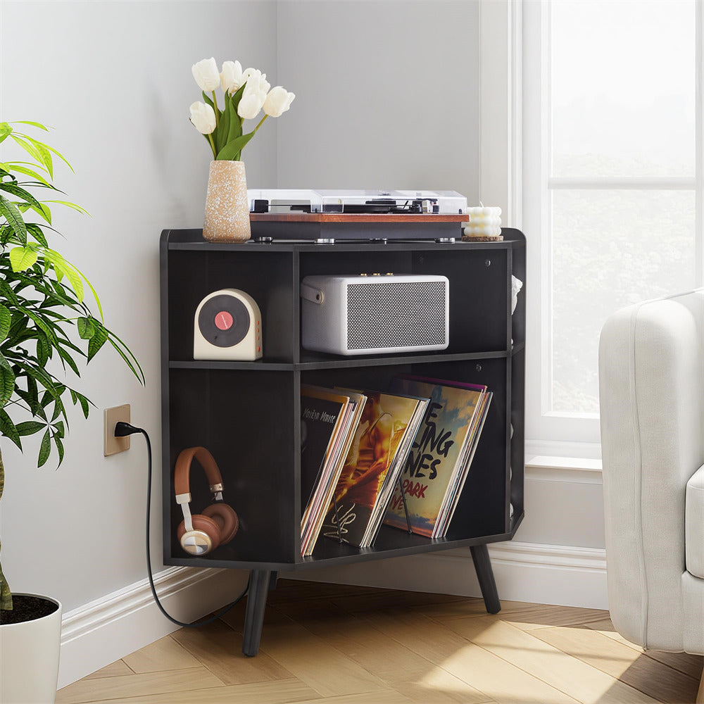 Black 3 Tier Mid Century Modern Corner Vinyl Record Player Stand with Charging Station & USB Ports
