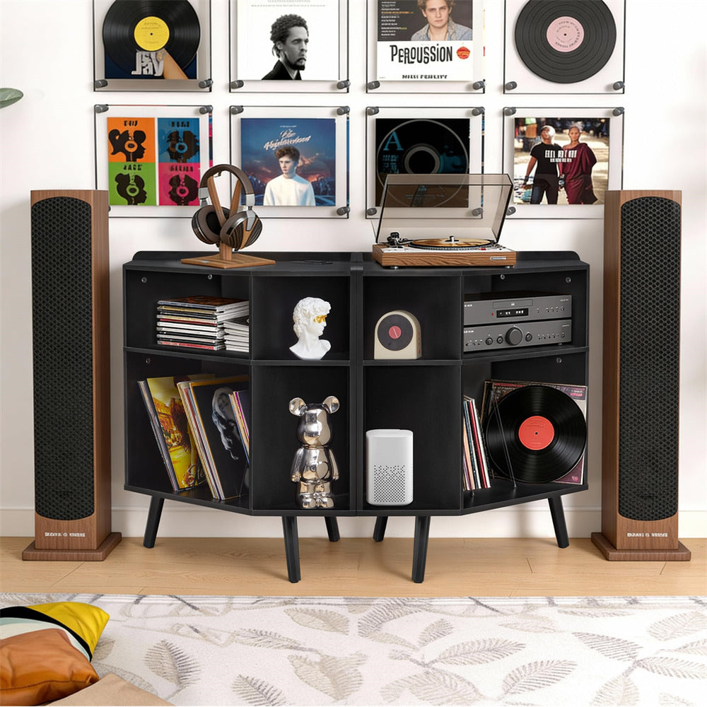 Black 3 Tier Mid Century Modern Corner Vinyl Record Player Stand with Charging Station & USB Ports