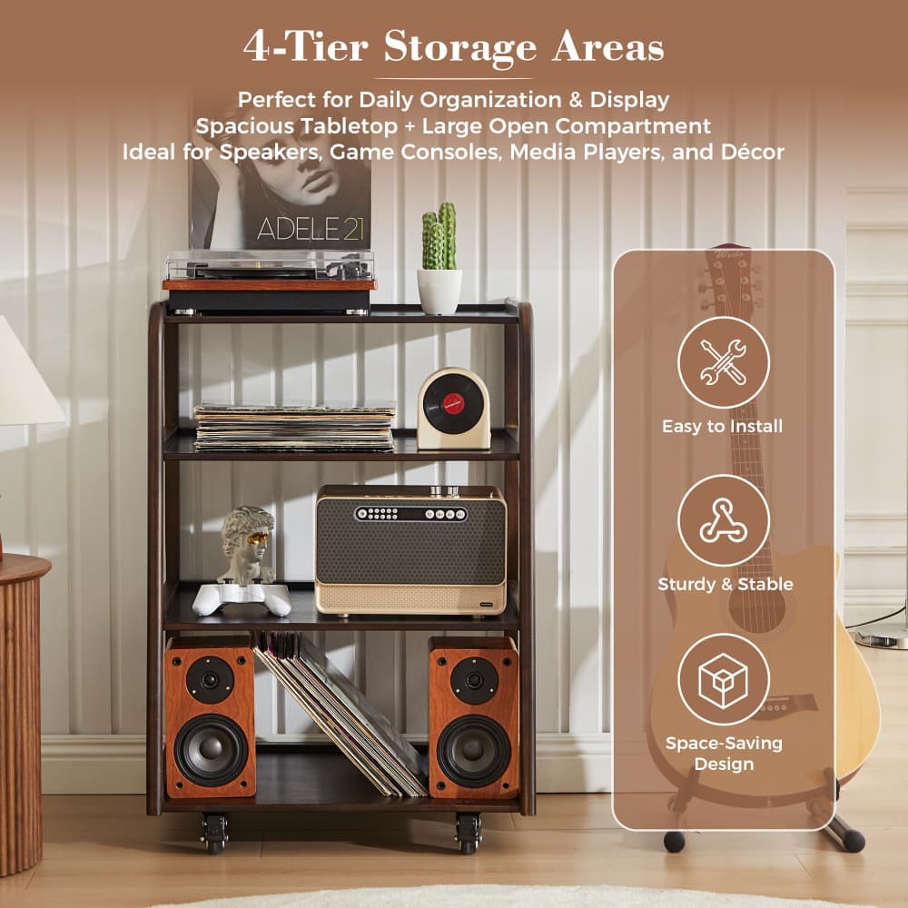 A 4-tier black metal rolling media console with wood-grain accents, styled in a living room setting with speakers, records, and a guitar. The image includes marketing text overlays highlighting its storage capacity and feature icons on a brown panel.