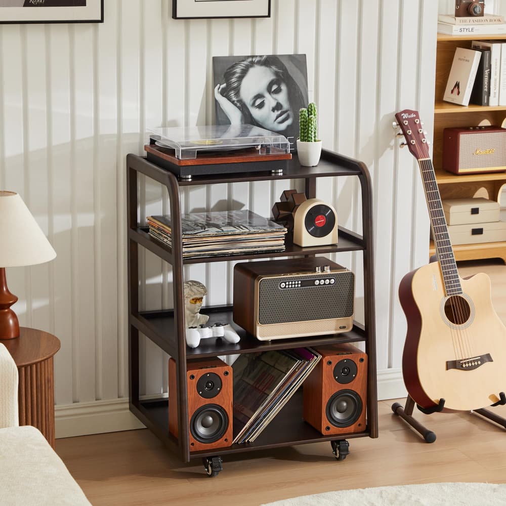 Black 4-Tier Audio Rack Record Player Stand with Lockable Casters and Raised Edge Shelves