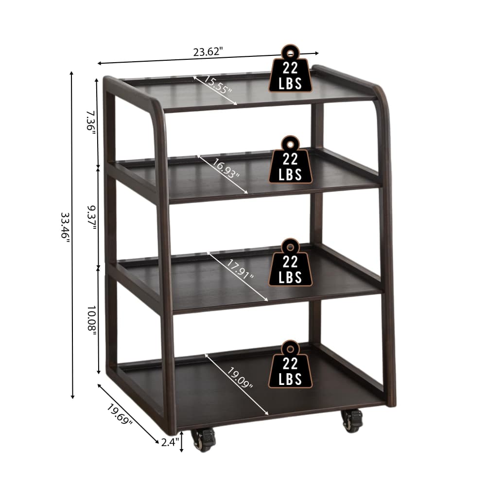 A four-tier rolling storage cart shown on a white background with overlaid dimension lines and weight labels reading 22 LBS.