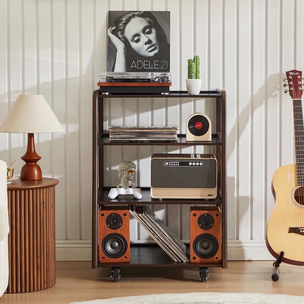 Black 4-Tier Audio Rack Record Player Stand with Lockable Casters and Raised Edge Shelves