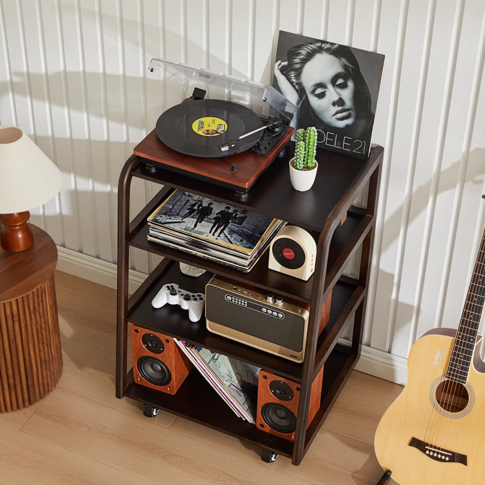 Black 4-Tier Audio Rack Record Player Stand with Lockable Casters and Raised Edge Shelves