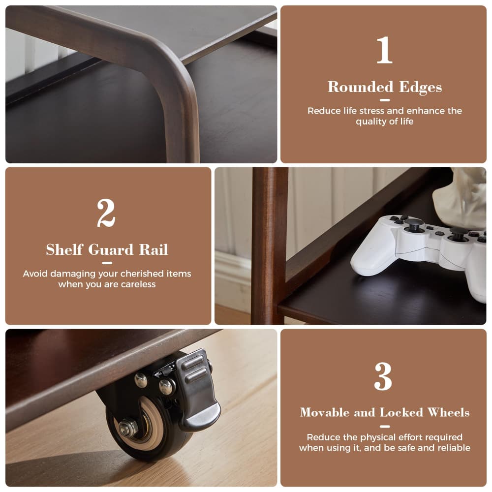 A 4-panel feature infographic for a rolling shelf cart, highlighting rounded edges, a protective shelf guard rail, and lockable wheels, with text callouts on a brown background.