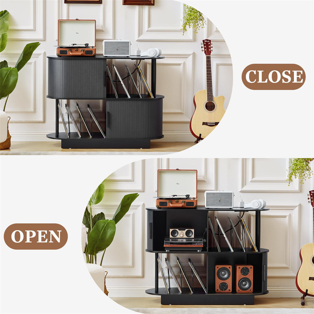 Black 40" Mid Century Modern Record Player Stand with Sliding Door Storage & Record Holder Socket