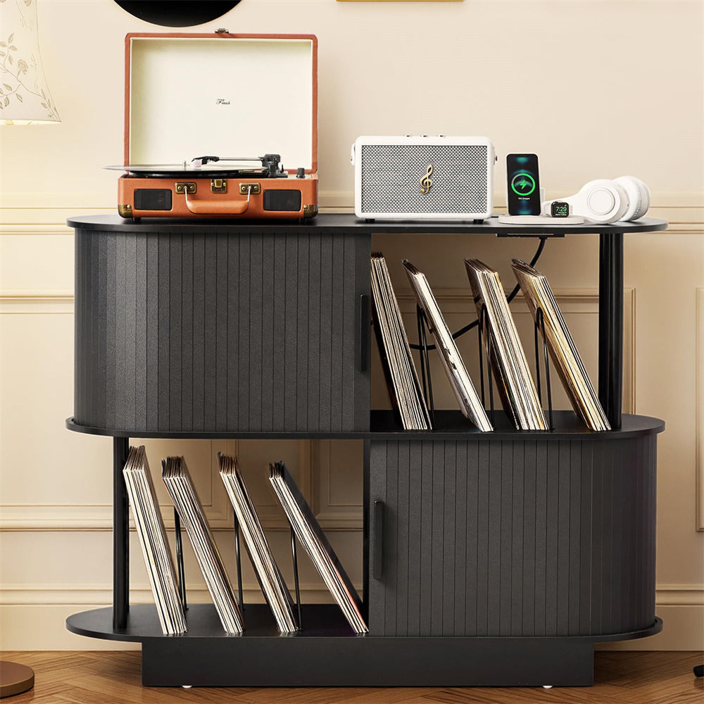 Black 40" Mid Century Modern Record Player Stand with Sliding Door Storage & Record Holder Socket