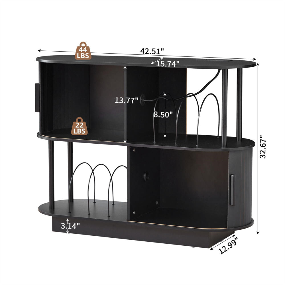 Black 40" Mid Century Modern Record Player Stand with Sliding Door Storage & Record Holder Socket
