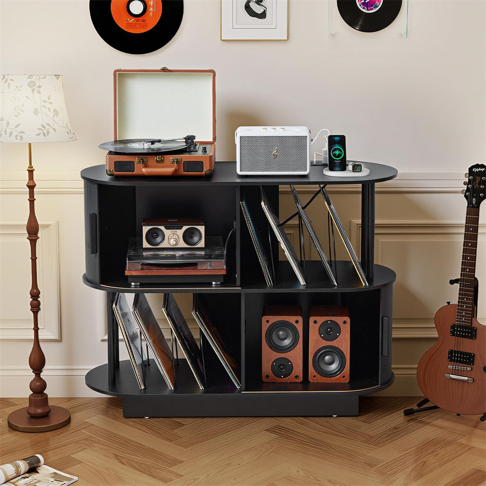 Black 40" Mid Century Modern Record Player Stand with Sliding Door Storage & Record Holder Socket