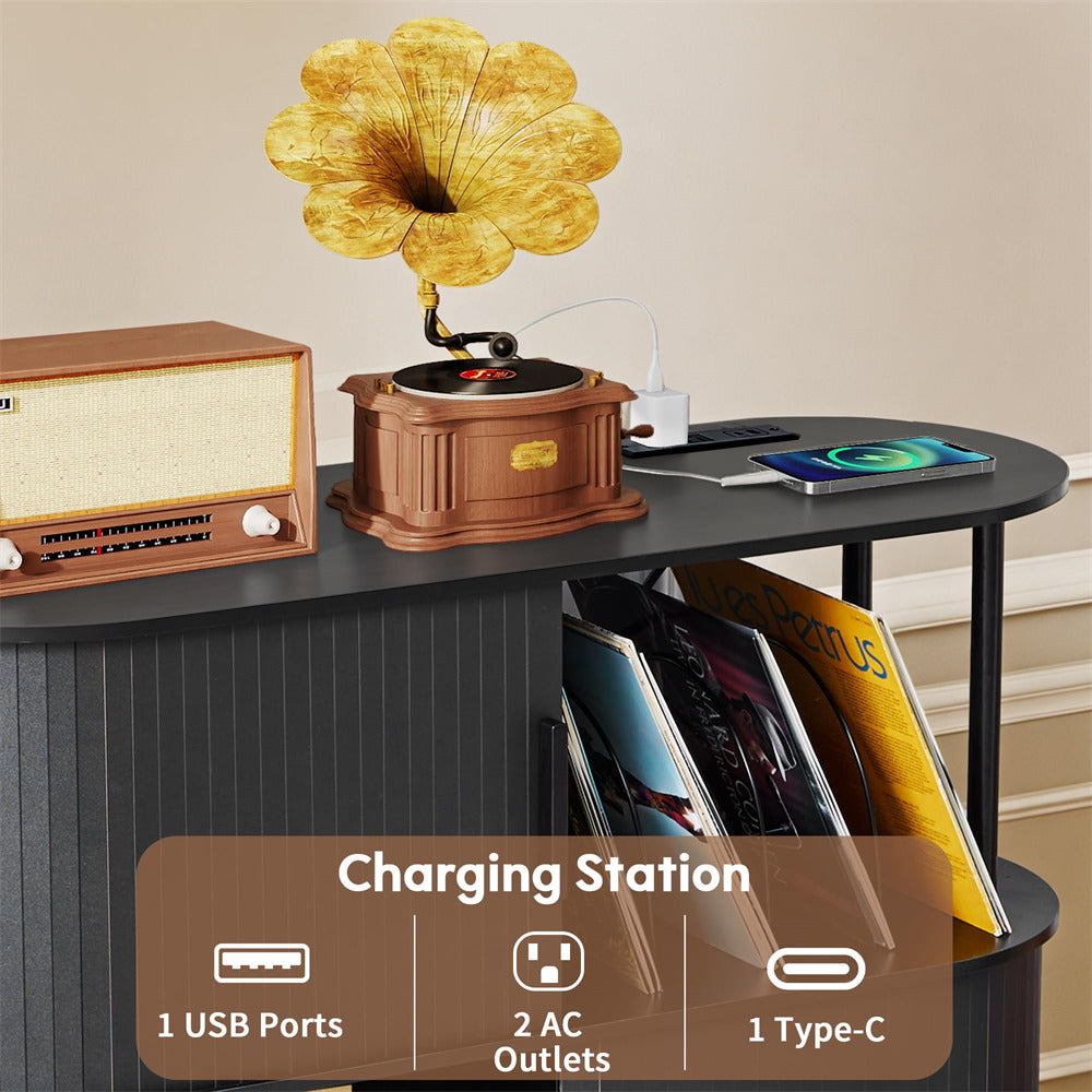 Black 40" Mid Century Modern Record Player Stand with Sliding Door Storage & Record Holder Socket