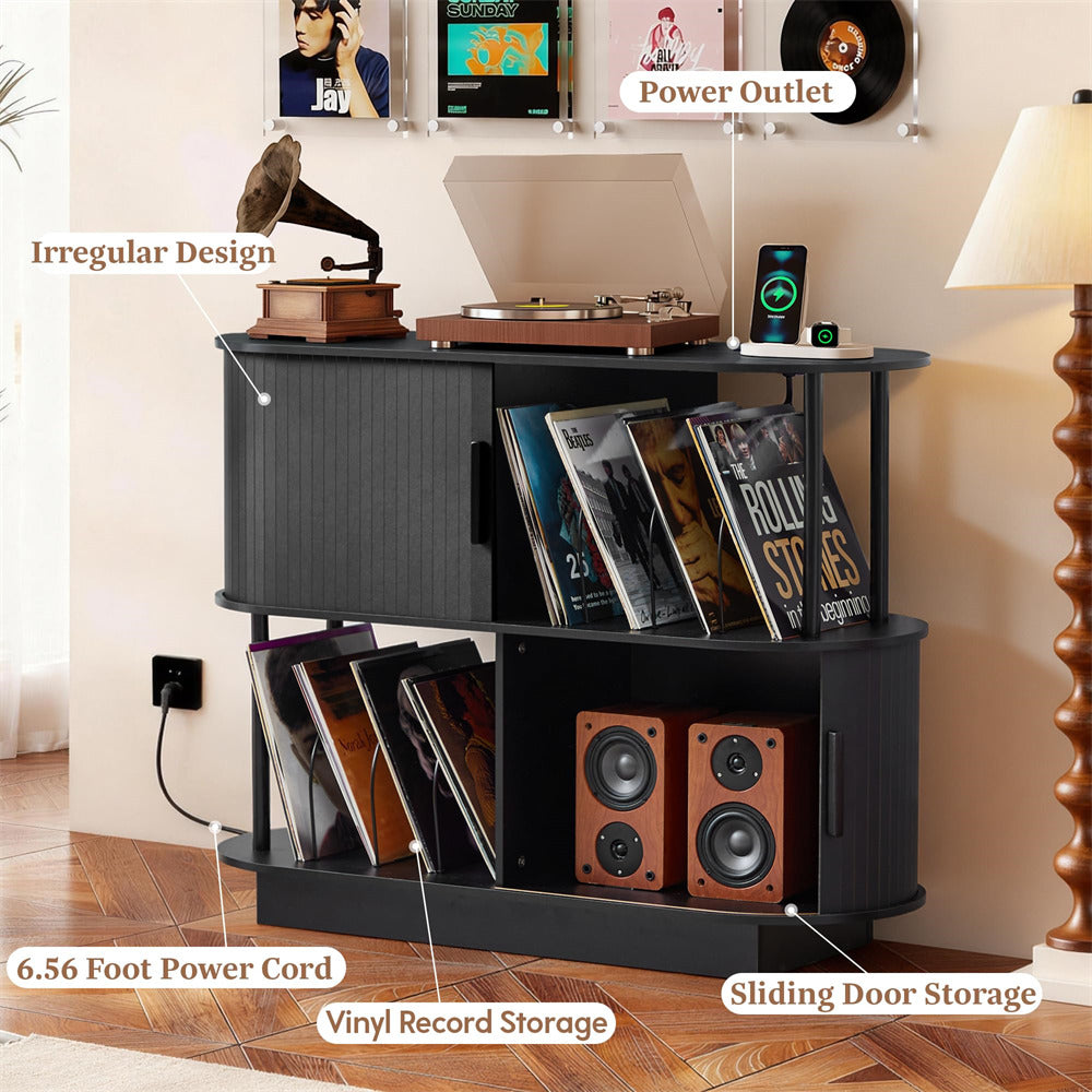 Black 40" Mid Century Modern Record Player Stand with Sliding Door Storage & Record Holder Socket