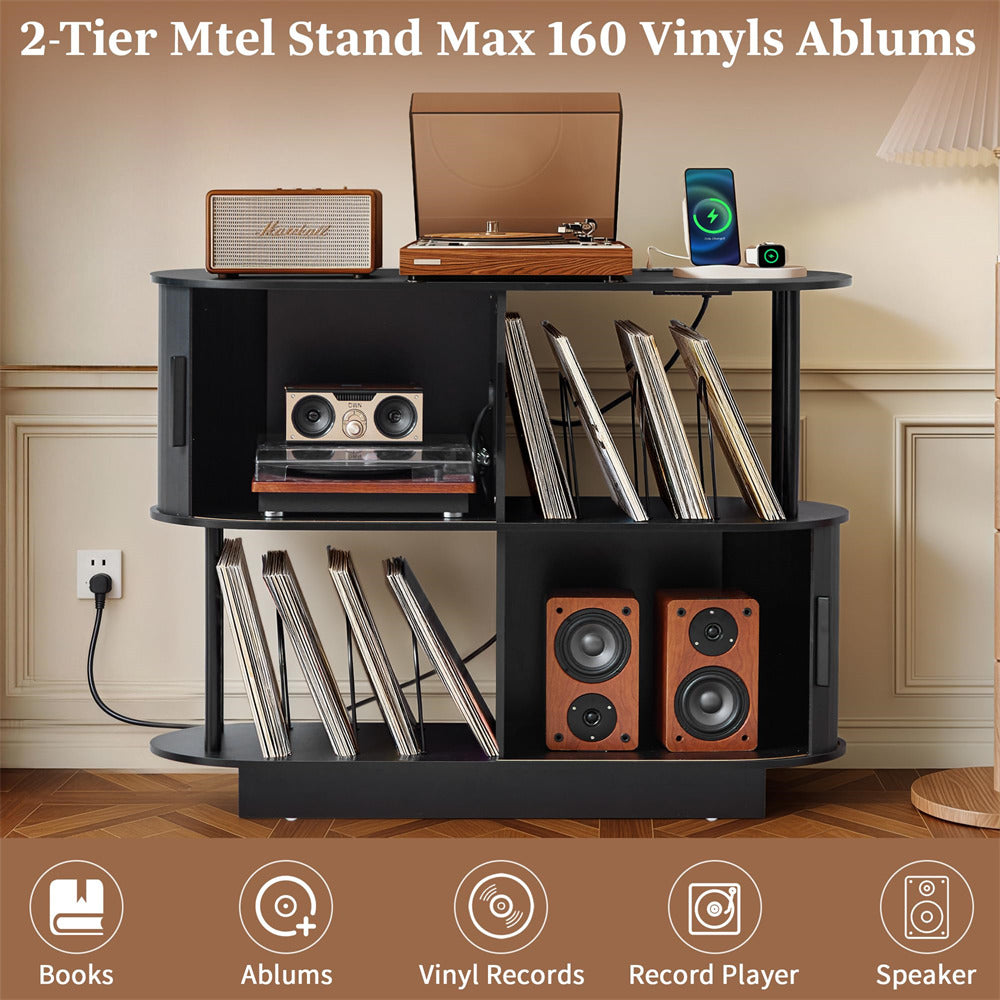 Black 40" Mid Century Modern Record Player Stand with Sliding Door Storage & Record Holder Socket