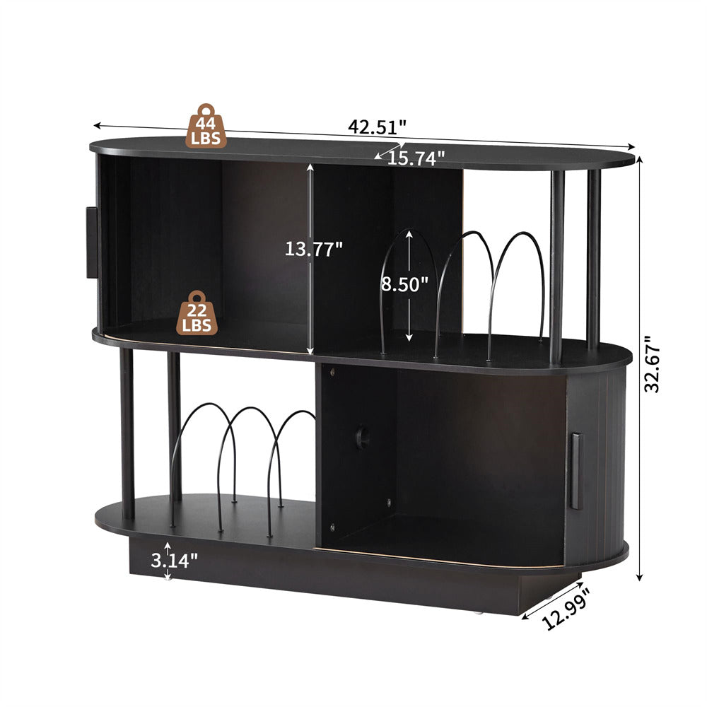 Black metal shelf with dimensions and weight capacity indicators on a white background