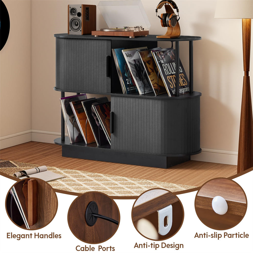 Black vinyl record player stand with records, speakers, and headphones in a room setting.