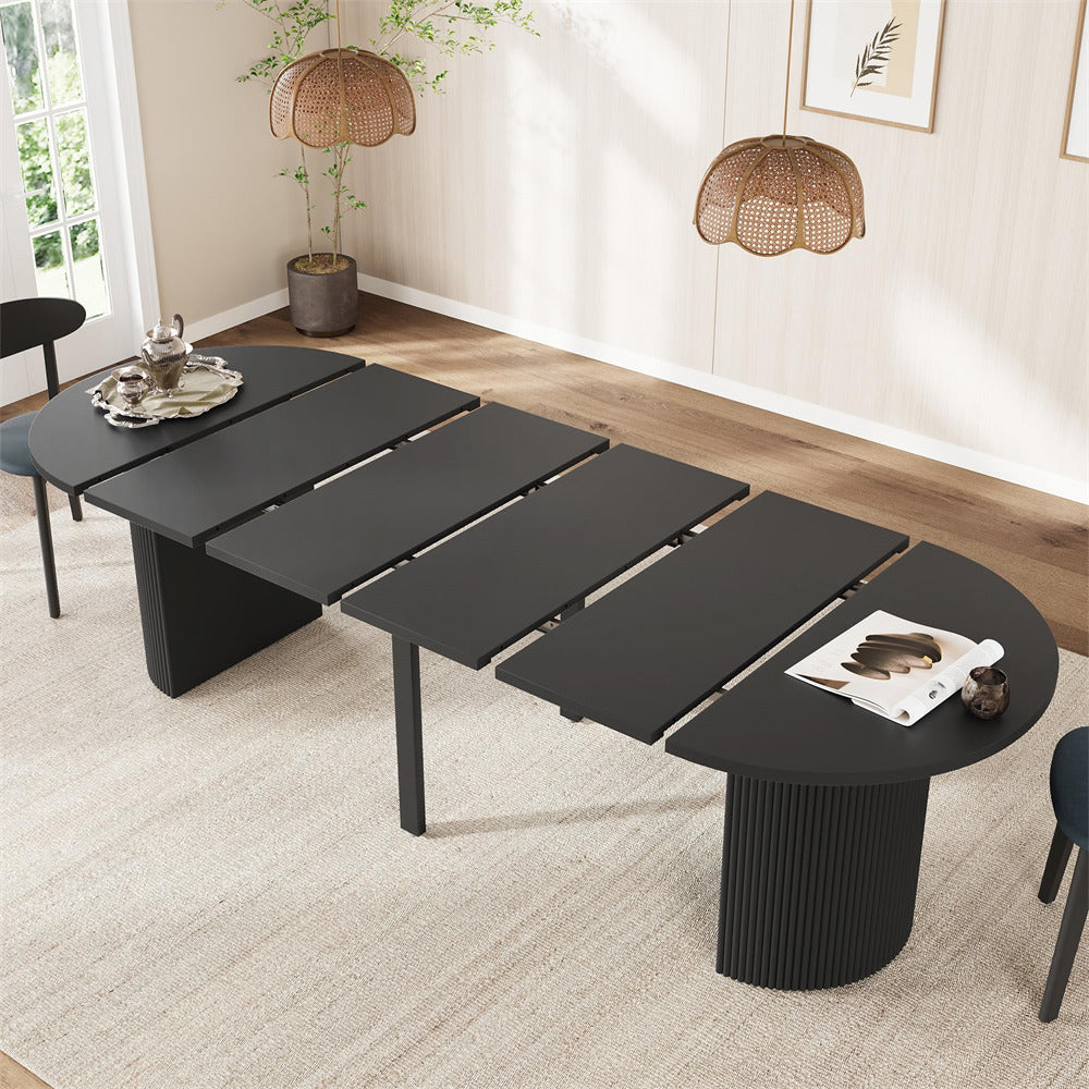 Black 42"-105" Kitchen Extendable Oval Dining Table for 4-12 with Fluted Pedestal Base & Reinforced Metal Support Leg