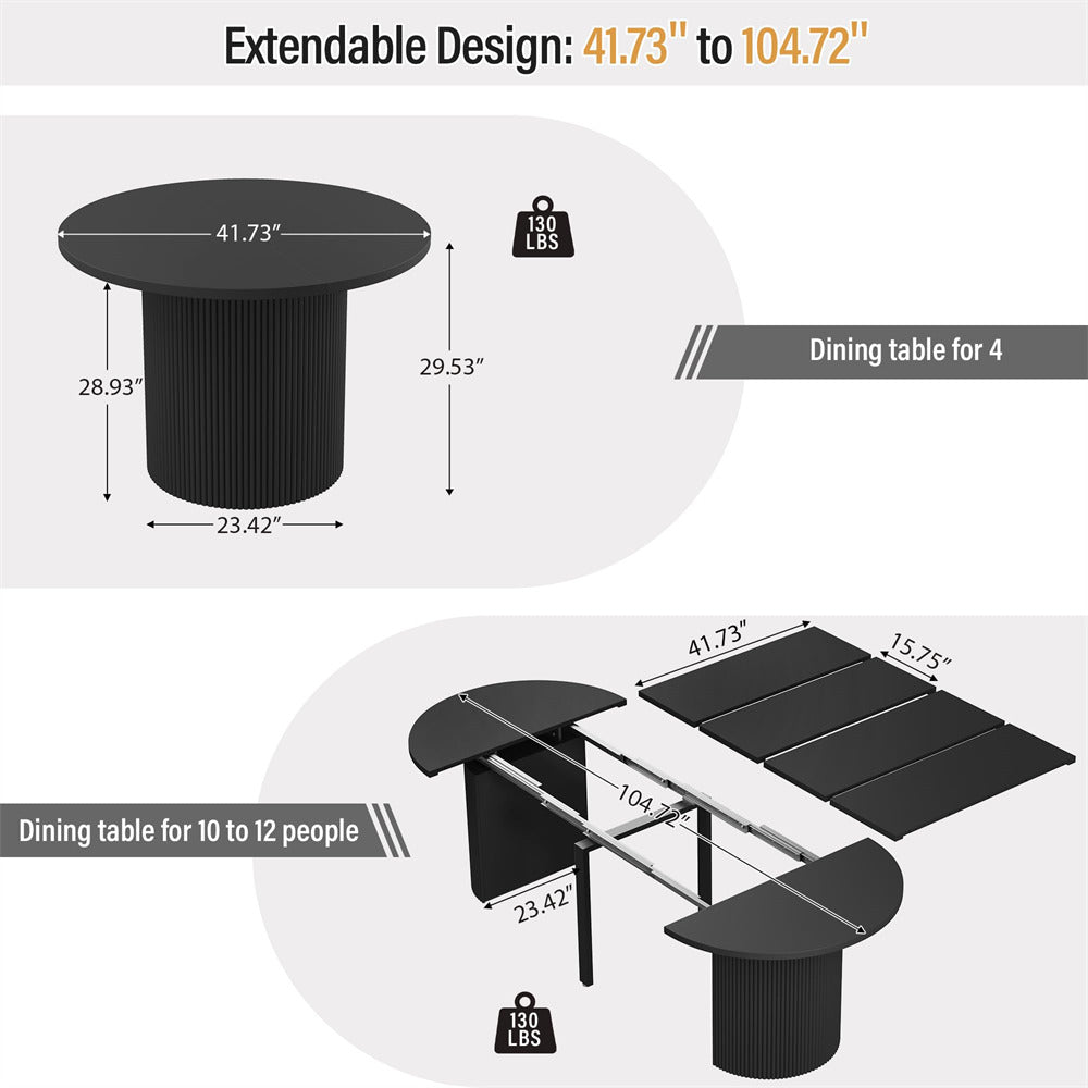 Black 42"-105" Kitchen Extendable Oval Dining Table for 4-12 with Fluted Pedestal Base & Reinforced Metal Support Leg