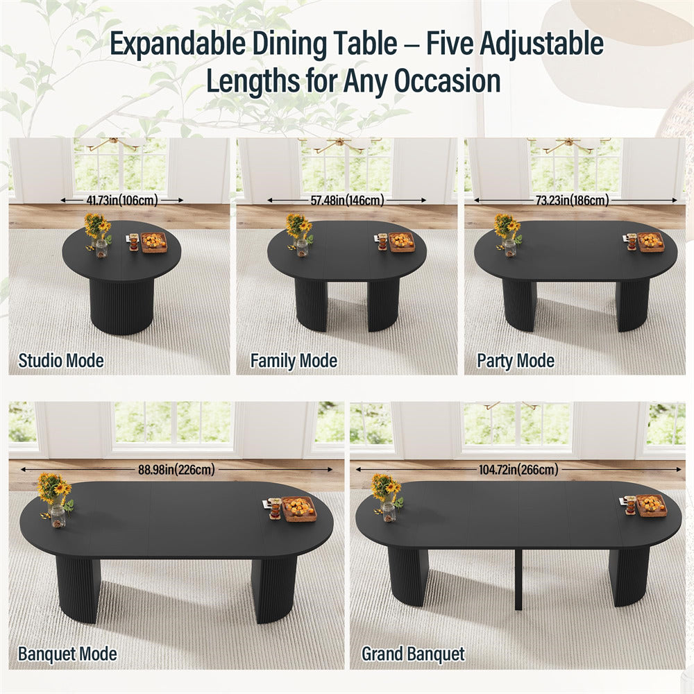 Black 42"-105" Kitchen Extendable Oval Dining Table for 4-12 with Fluted Pedestal Base & Reinforced Metal Support Leg