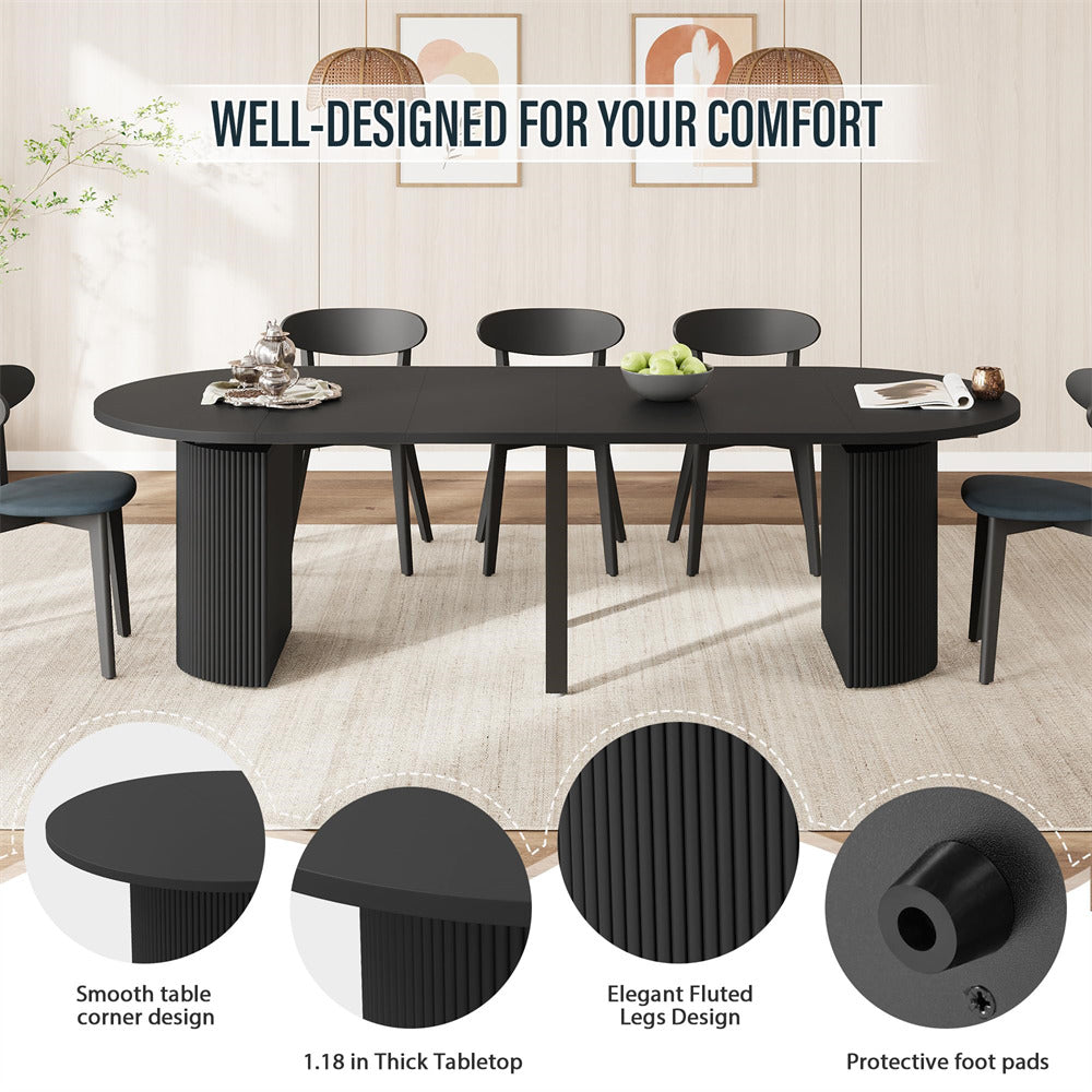 Black 42"-105" Kitchen Extendable Oval Dining Table for 4-12 with Fluted Pedestal Base & Reinforced Metal Support Leg