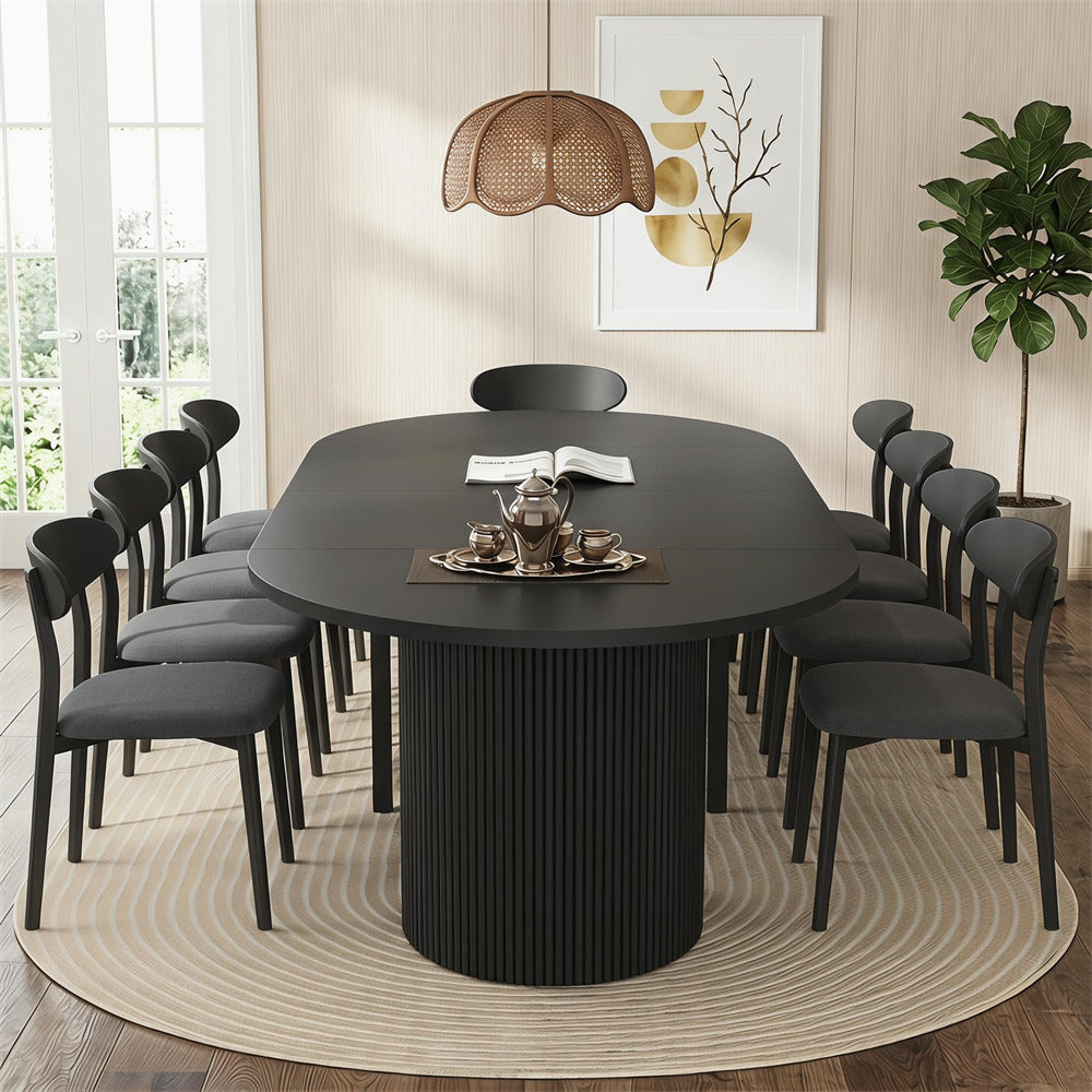 Black 42"-105" Kitchen Extendable Oval Dining Table for 4-12 with Fluted Pedestal Base & Reinforced Metal Support Leg