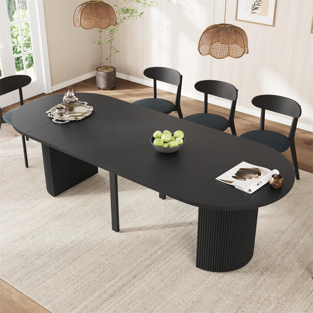 Black 42"-105" Kitchen Extendable Oval Dining Table for 4-12 with Fluted Pedestal Base & Reinforced Metal Support Leg