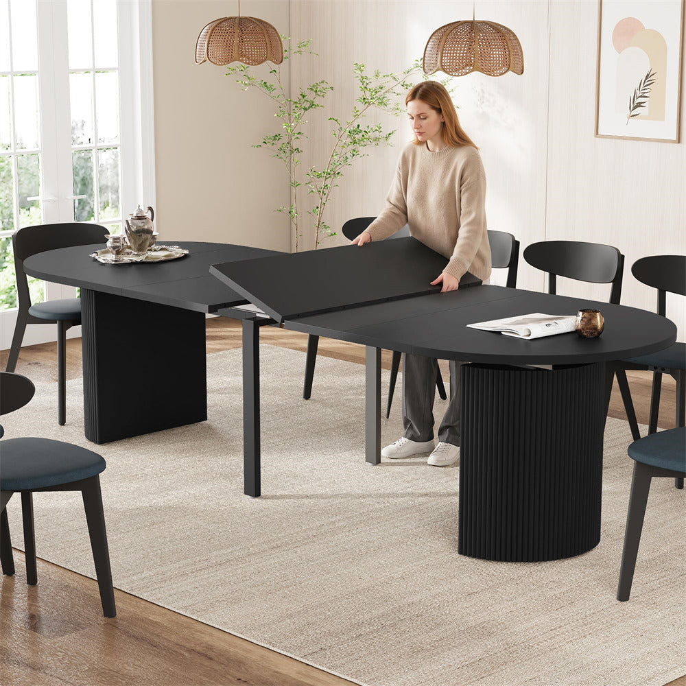 Black 42"-120" Kitchen Extendable Oval Dining Table for 4-14 with Fluted Pedestal Base & Reinforced Metal Support Leg