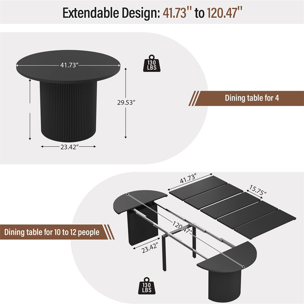 Black 42"-120" Kitchen Extendable Oval Dining Table for 4-14 with Fluted Pedestal Base & Reinforced Metal Support Leg