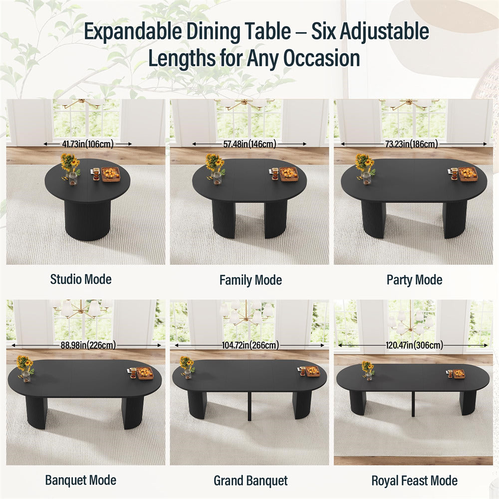 Black 42"-120" Kitchen Extendable Oval Dining Table for 4-14 with Fluted Pedestal Base & Reinforced Metal Support Leg